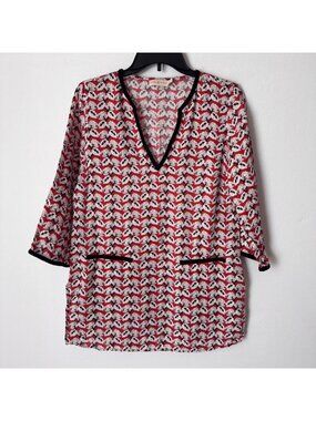 Tory Burch Women Red Floral 100% Linen Black Trim Tunic Top Size XS
